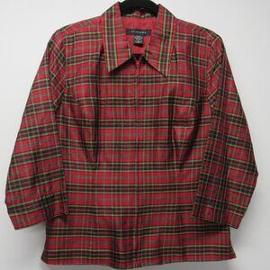 Silkland Red Black Green Plaid Full Zip Lightweight Shirt Jacket Women's sz M ⭐
